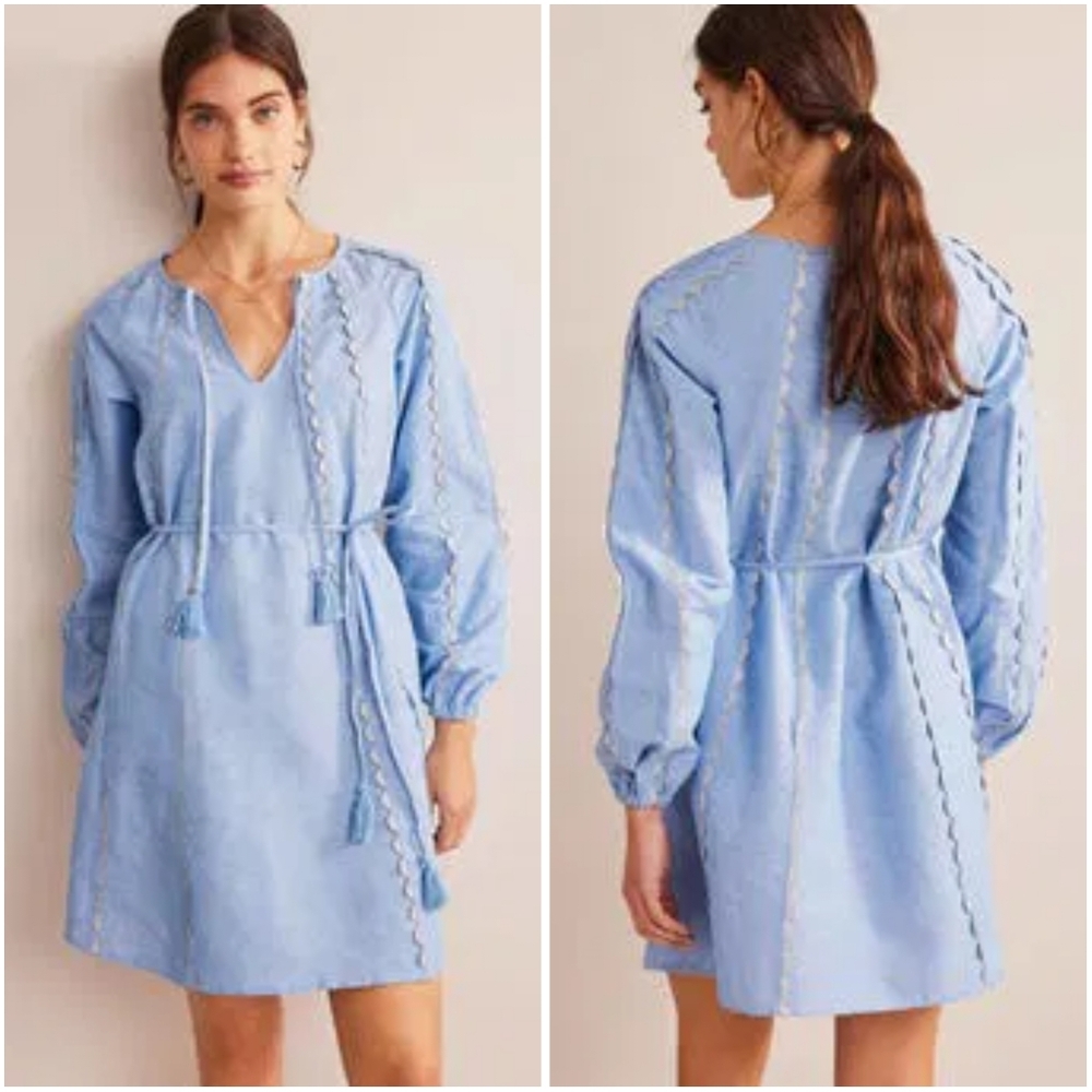 Boden Ric Rac Linen Mini Dress 2R Blue